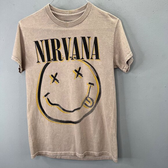 Nirvana Band T Shirt Tan Beige S Crewneck Short Sleeve Graphic Emoji - Picture 1 of 5